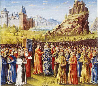 Ludwig VII. verfolgt die Kreuzzugspredigt des Bernard von Clairvaux in Vezelay. Illumination von Jean Colombe, 15. Jahrhundert