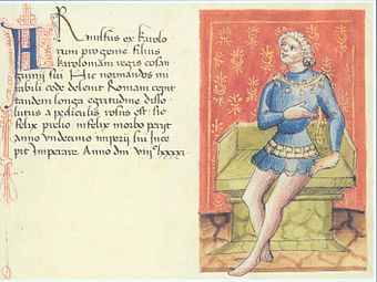 Spätmittelalterliches Porträt Kaiser Arnulfs aus einer Handschrift des 1387 abgeschlossenen Liber Augustalis des Benvenuto de Rambaldis