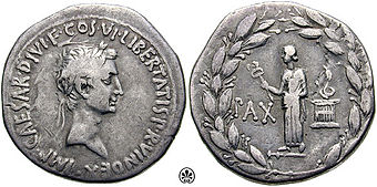 Münze aus dem Jahr 28 v. Chr., auf der Vorderseite Octavian, auf der Rückseite die Göttin Pax