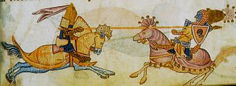 Richard Löwenherz im Zweikampf mit Saladin, englische Phantasiedarstellung um 1340