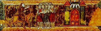 Peter der Einsiedler weist den Kreuzrittern den Weg nach Jerusalem, Malerei um 1270