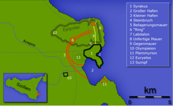 Möglicher Verlauf der Belagerungsmauern vor Syrakus