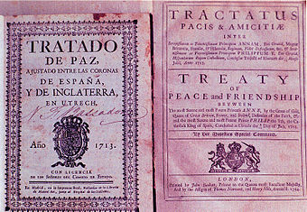 Erste gedruckte Ausgaben des Utrechter Vertrags: Spanisches Exemplar (1713) und eine lateinisch-englische Version (1714)