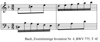 Notenbeispiel zur musikalisch-rhetorischen Figur Transitus; Bach, Zweistimmige Invention Nr. 4, BWV 775, T 4f.