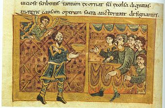 Gumpold von Mantua, Vita des hl. Wenzel: Links Wenzel, der vom Erzengel Michael gesegnet wird