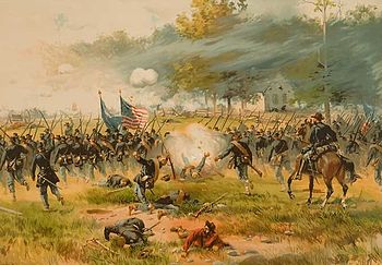 Angriff der Iron Brigade beim Antietam (eine Lithographie von einem Anstrich durch Thure de Thulstrup)