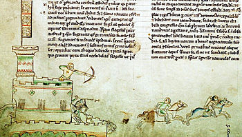Darstellung der Schlacht von Lincoln aus der Chronica majora des Matthäus Paris, 13. Jahrhundert.