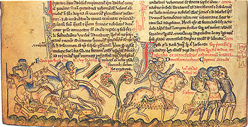 Die Niederlage der Kreuzritter bei Gaza, dargestellt in der Chronica majora des Matthäus Paris, 13. Jahrhundert.