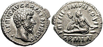 Münze zum Sieg des Lucius Verus' Armeniacus gegen Vologaeses IV. im Krieg um Armenien