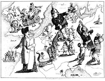 Karikatur von Ferdinand Schröder zur Niederlage der Revolutionen in Europa 1849, zuerst erschienen in: Düsseldorfer Monatshefte, 1849 unter dem Titel Rundgemälde von Europa im August MDCCCXLIX