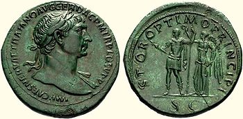 Münze mit dem Porträt Trajans, geprägt vom römischen Senat zur Würdigung seiner Siege; die Inschrift lautet übersetzt: „Vom Senat und römischen Volk dem besten Princeps“