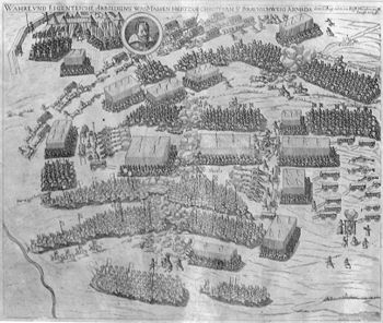 Schlacht bei Stadtlohn 1623. Radierung von 1626 im Schloss Strünkede, Herne