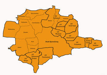 Stadtgebiet Spremberg mit Orts- und Gemeindeteilkennzeichnung