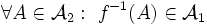 \forall A \in \mathcal{A}_2:\ f^{-1}(A) \in \mathcal{A}_1 