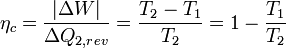 \eta_{c}=\frac{\left| \Delta W \right|}{\Delta Q_{2,rev}}=\frac{T_{2}-T_{1}}{T_{2}}=1-\frac{T_{1}}{T_{2}}