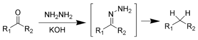 Reaktionsgleichung der Carbonylverbindung über Hydrazon zum Alkan