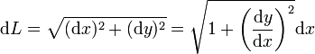\mathrm{d}L = \sqrt{(\mathrm{d}x)^2+(\mathrm{d}y)^2} = \sqrt{1+\left(\frac{\mathrm{d}y}{\mathrm{d}x}\right)^2}\mathrm{d}x