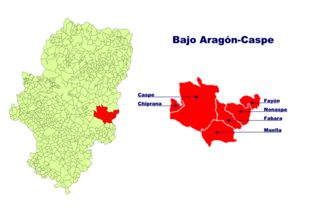 Die Lage von Bajo Aragón-Caspe in Aragonien und Laghe der zugehörigen Gemeinden