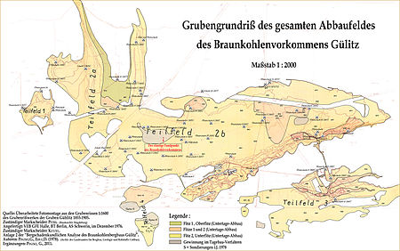 Übersichtsplan des gesamten Abbaufeldes Gülitz und des einstigen Fundpunktes