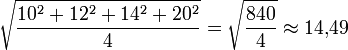 \sqrt{\frac{10^2+12^2+14^2+20^2}{4}} =  \sqrt{\frac{840}{4}} \approx 14{,}49