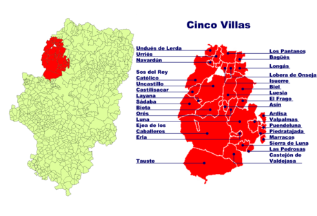 Lage von Cinco Villas in Aragonien und Lage der einzelnen Gemeinden