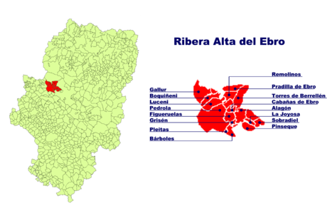 Lage der Ribera Alta del Ebro in Aragonien und Lage der einzelnen Gemeinden
