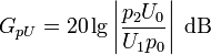 
G_{pU} = 20 \lg \left|\frac{p_2 U_0}{U_1 p_0}\right|\;\mathrm{dB} \,

