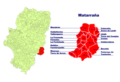 Lage von Matarraña in Aragonien und Lage der einzelnen Gemeinden