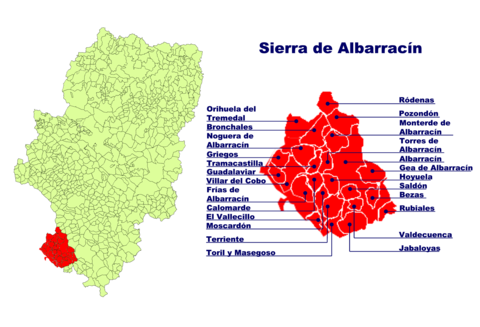 Lage der Sierra de Albarracín in Aragonien und Lage der einzelnen Gemeinden
