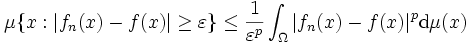 \mu\{x: |f_n(x)-f(x)|\geq \varepsilon\}\leq \frac{1}{\varepsilon^p}\int_\Omega |f_n(x)-f(x)|^p {\rm d}\mu(x)