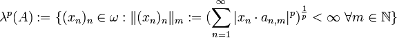 \lambda^p(A) := \{(x_n)_n \in \omega: \|(x_n)_n\|_m := (\sum_{n=1}^\infty |x_n\cdot a_{n,m}|^p)^\frac{1}{p} &amp;lt; \infty\,\,\forall  m\in{\mathbb N}\}