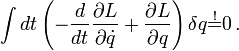  \int dt \left(-\frac{d}{dt} \frac{\partial L}{\partial \dot q} + \frac{\partial L}{\partial q} \right)\delta q\stackrel{!}{=} 0\,.