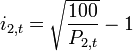 i_{2, t} = \sqrt{\frac{100}{P_{2, t}}} -1  