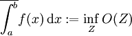 \overline{\int_a^b}f(x)\,\mathrm dx:=\inf_ZO(Z)