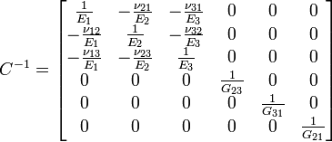 C^{-1}=\begin{bmatrix} 
 \frac{1}{E_1}        &amp;amp;amp; -\frac{\nu_{21}}{E_2} &amp;amp;amp; -\frac{\nu_{31}}{E_3} &amp;amp;amp; 0 &amp;amp;amp; 0 &amp;amp;amp; 0 \\ 
-\frac{\nu_{12}}{E_1} &amp;amp;amp;  \frac{1}{E_2}        &amp;amp;amp; -\frac{\nu_{32}}{E_3} &amp;amp;amp; 0 &amp;amp;amp; 0 &amp;amp;amp; 0 \\
-\frac{\nu_{13}}{E_1} &amp;amp;amp; -\frac{\nu_{23}}{E_2} &amp;amp;amp;  \frac{1}{E_3}        &amp;amp;amp; 0 &amp;amp;amp; 0 &amp;amp;amp; 0 \\
 0 &amp;amp;amp; 0 &amp;amp;amp; 0 &amp;amp;amp; \frac{1}{G_{23}} &amp;amp;amp; 0 &amp;amp;amp; 0 \\
 0 &amp;amp;amp; 0 &amp;amp;amp; 0 &amp;amp;amp; 0 &amp;amp;amp; \frac{1}{G_{31}} &amp;amp;amp; 0 \\
 0 &amp;amp;amp; 0 &amp;amp;amp; 0 &amp;amp;amp; 0 &amp;amp;amp; 0 &amp;amp;amp; \frac{1}{G_{21}} \\ \end{bmatrix}  
