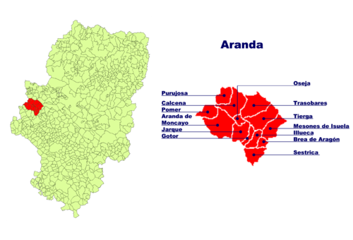Lage der Comarca Aranda in Aragonien und Lage der einzelnen Gemeinden