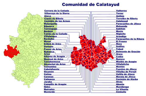 Lage der Comunidad de Calatayud in Aragonien und Lage der einzelnen Gemeinden