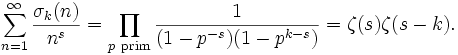 \sum_{n=1}^{\infty} \frac{\sigma_k(n)}{n^s} = \prod_{p\ {\rm prim}} 
\frac{1}{(1-p^{-s})(1-p^{k-s})} = \zeta(s) \zeta(s-k).