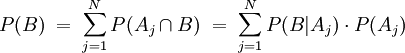  P(B) \; = \; \sum_{j=1}^N P(A_j \cap B) \; = \; {\sum_{j=1}^{N} P(B | A_j) \cdot P(A_j)}
