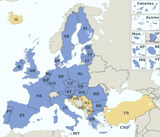 Mitgliedstaaten (blau) und Beitrittskandidaten (gelb) der EU (anklickbare Karte)