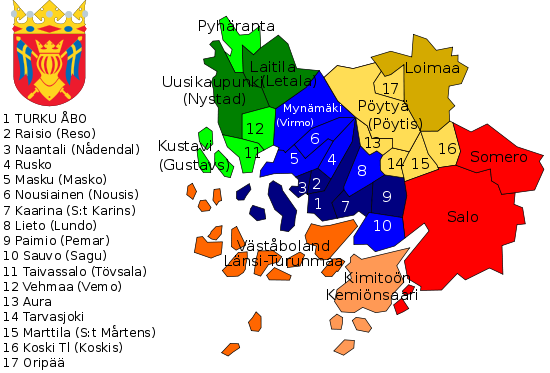 Varsinais-Suomi Städte, Gemeinden und Verwaltungsgemeinschaften
