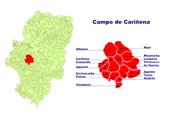 Lage des Campo de Cariñena in Aragonien und Lage der einzelnen Gemeinden