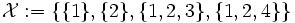 \mathcal{X}:=\{\{1\},\{2\},\{1,2,3\},\{1,2,4\}\}