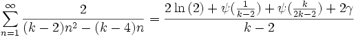 \sum_{n=1}^{\infty} \frac{2}{(k-2)n^2-(k-4)n} = 
\frac{2\ln{(2)} + \psi{(\frac{1}{k-2})} + \psi{(\frac{k}{2k-2})} + 2\gamma}{k-2}