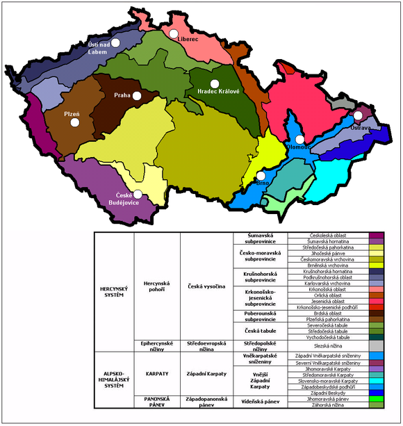 Die geomorphologische Einteilung der Tschechischen Republik (Legende deutsch)