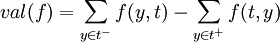 val(f) = \sum_{y\in t^-}f(y,t) - \sum_{y\in t^+}f(t,y)