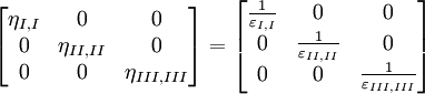 \quad \begin{bmatrix} \eta_{I,I} &amp;amp; 0 &amp;amp; 0 \\ 0 &amp;amp; \eta_{II,II} &amp;amp; 0 \\ 0 &amp;amp; 0 &amp;amp; \eta_{III,III} \end{bmatrix} = \begin{bmatrix} \frac{1}{\varepsilon_{I,I}} &amp;amp; 0 &amp;amp; 0 \\ 0 &amp;amp; \frac{1}{\varepsilon_{II,II}} &amp;amp; 0 \\ 0 &amp;amp; 0 &amp;amp; \frac{1}{\varepsilon_{III,III}} \end{bmatrix}