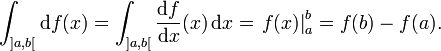 \int_{]a,b[}\mathrm{d}f(x) = \int_{]a,b[}\frac{\mathrm{d}f}{\mathrm{d} x}(x)\, \mathrm{d}x = \left. f(x)\right|_a^b = f(b) - f(a).