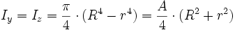 I_y = I_z = {\pi \over 4} \cdot (R^4 - r^4) = {A \over 4} \cdot (R^2 + r^2)