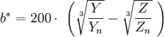  b^* = 200 \cdot\ \left(\sqrt[3]{\frac{Y}{Y_n}} - \sqrt[3]{\frac{Z}{Z_n}}\; \right)  